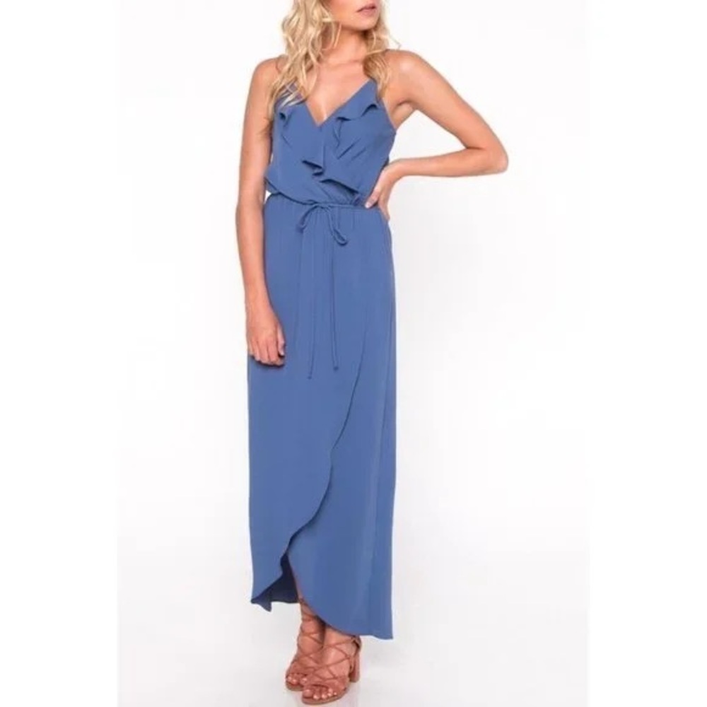 Everly Maxi Dress Ruffle Gray Wrap Sundress Party Sz Small Anthropologie - Picture 6 of 10